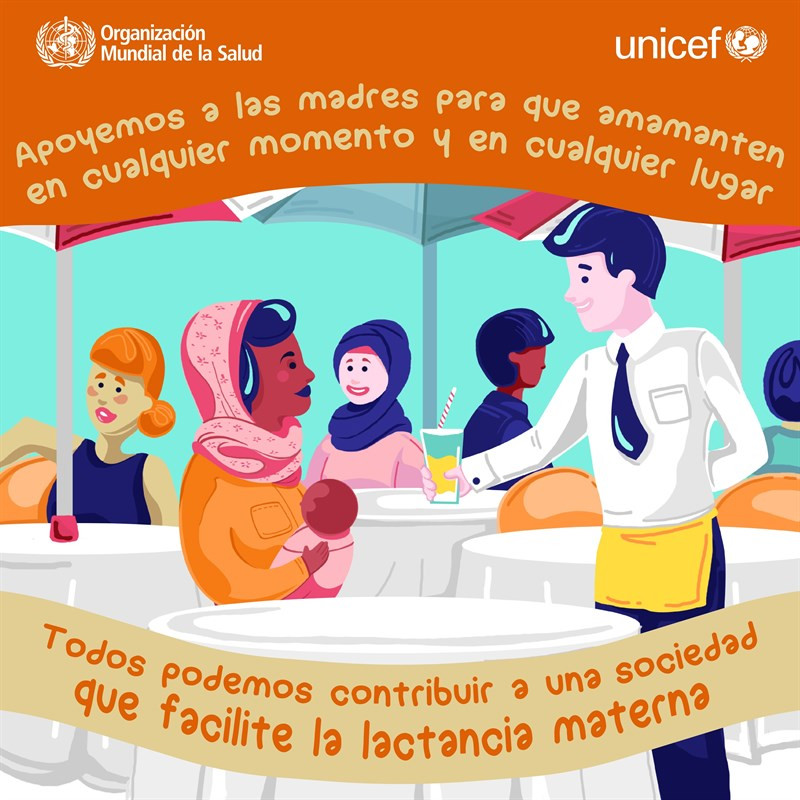 Cartel de la campaña de la OMS para que las madres puedan amamantar a sus hijos dónde quieran y cuándo quieran