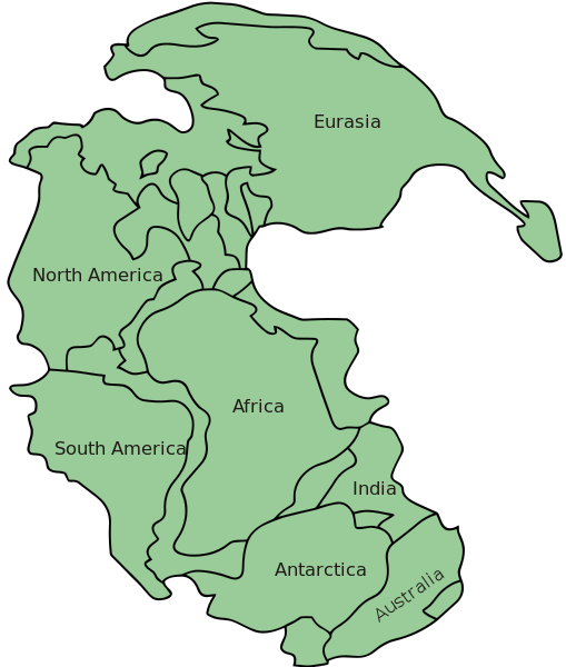 Mapa de pangea con los nombres actuales