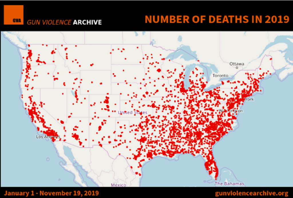 Nu00famero de muertos por arma en EEUU  a noviembre de 2019