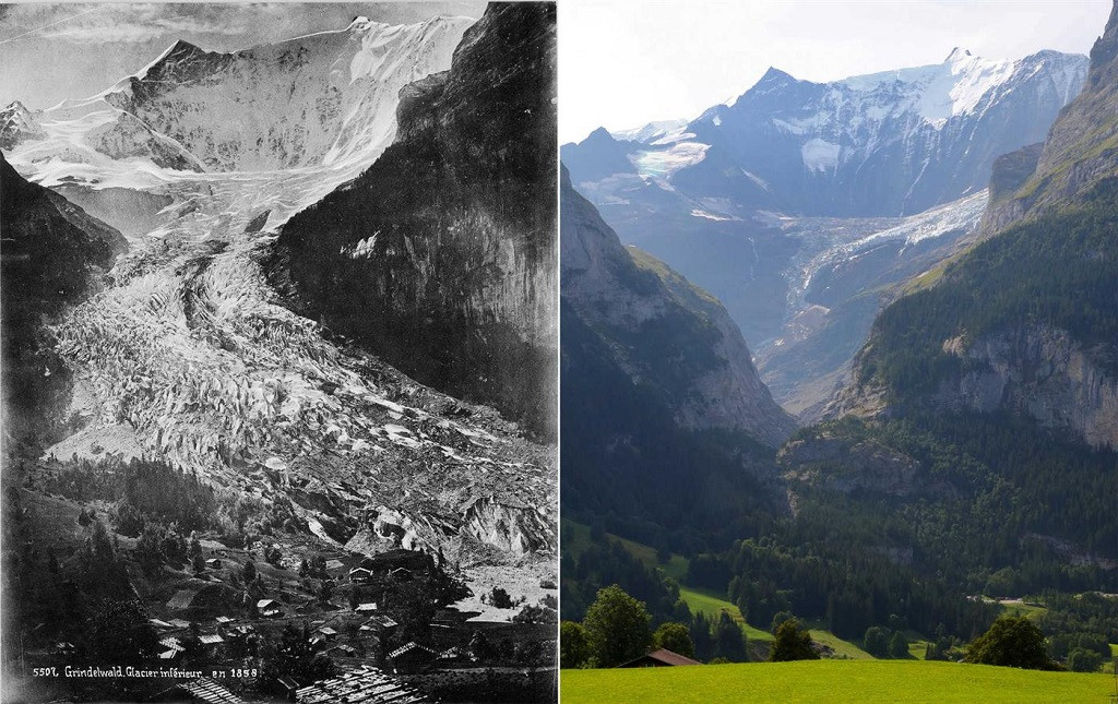 El glaciar Lower Gindelwald, en Suiza, en 1858 y en 2019