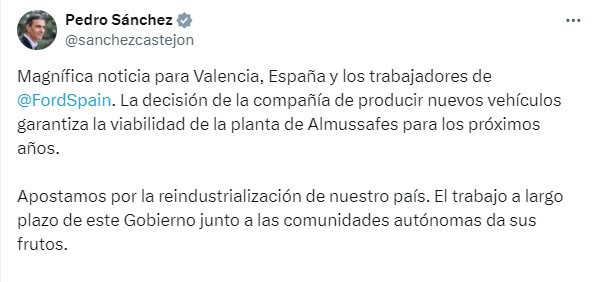 Post del presidente del Gobierno, Pedro Sánchez, en la red social X
