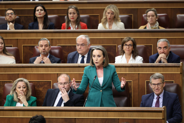 La secretaria general del PP, Cuca Gamarra, interviene durante una sesión de control al Gobierno, en el Congreso de los Diputados, a 24 de abril de 2024, en Madrid (España). Durante la sesión de control, se han abordado cuestiones relacionadas con el aume