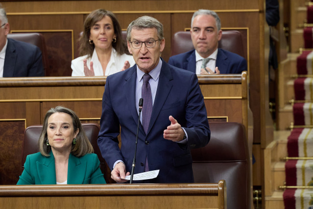 El presidente del PP, Alberto Núñez Feijóo, interviene durante una sesión de control al Gobierno, en el Congreso de los Diputados, a 24 de abril de 2024, en Madrid (España). Durante la sesión de control, se han abordado cuestiones relacionadas con el aume