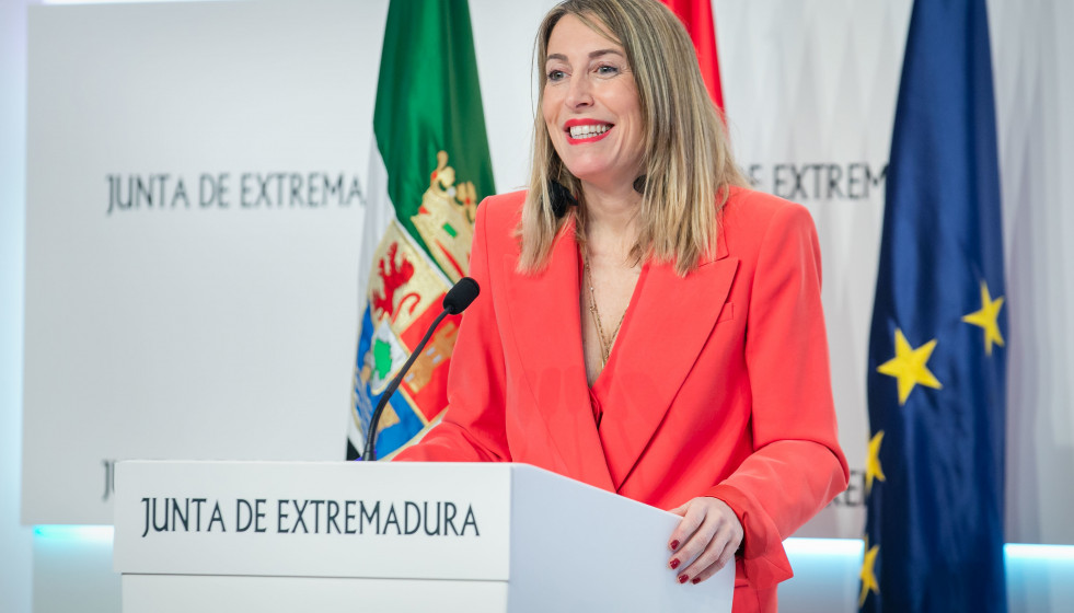 La presidenta de Extremadura, María Guardiola, en su comparecencia este martes tras el Consejo de Gobierno.