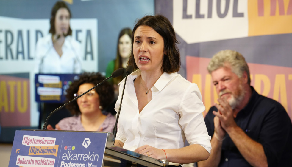 La candidata de Podemos a las elecciones europeas, Irene Montero, durante el acto de arranque de campaña electoral de Elkarrekin Podemos, en el Palacio Euskalduna, a 4 de abril de 2024, en Bilbao, Vi