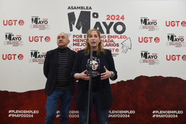 La secretaria general de UGT Madrid, Marina Prieto, interviene durante una rueda de prensa por la celebración de la Asamblea del 1º de mayo de Madrid, a 30 de abril de 2024, en Madrid (España).