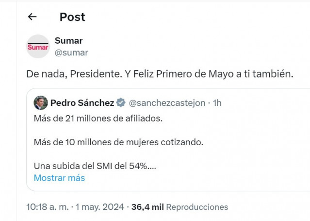 Sumar retuitea un mensaje de Pedro Sánchez por el 1º de  Mayo