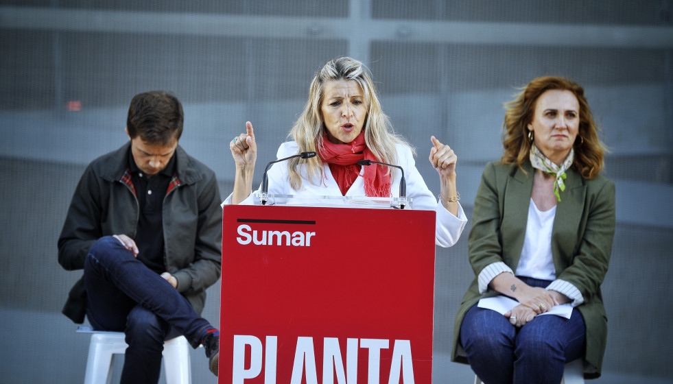 La vicepresidenta segunda del Gobierno y coordinadora general de Sumar, Yolanda Díaz, durante su intervención en el acto, a 17 de mayo de 2024, en Jerez, Cádiz (Andalucía, España). La vicepreside