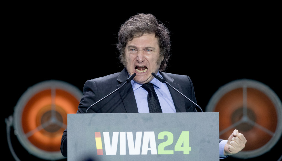El presidente de Argentina, Javier Milei, durante el acto ‘Viva 24’ de VOX, en el Palacio de Vistalegre, a 19 de mayo de 2024, en Madrid (España).