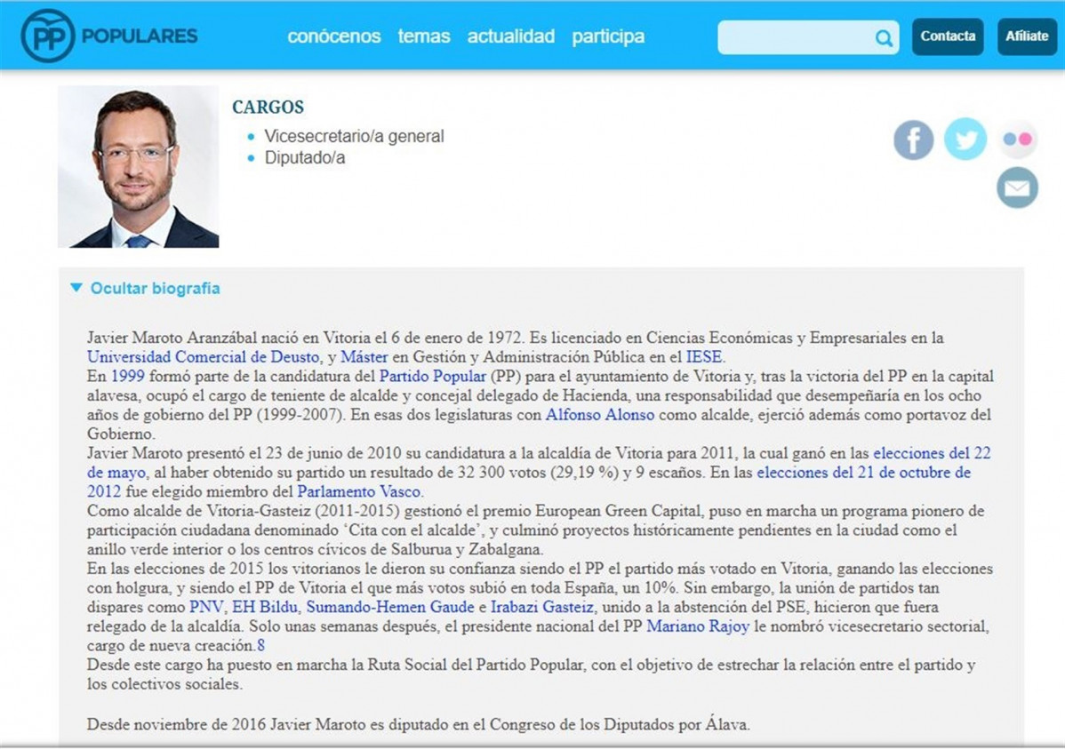 Biografu00eda de Javier Maroto en la pu00e1gina web del Partido Popular