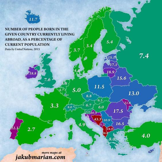 u200bUn mapa de Europa segu00fan el nu00famero de personas que viven en el extranjero