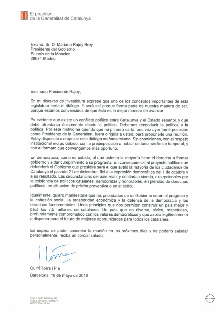 Carta de Torra a Puigdemont