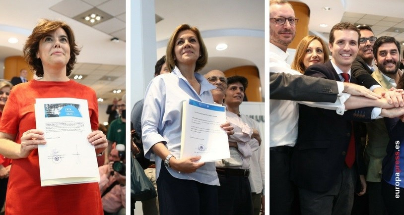 Montaje de Santamaru00eda, Cospedal y Pablo Casado durante la entrega de avales