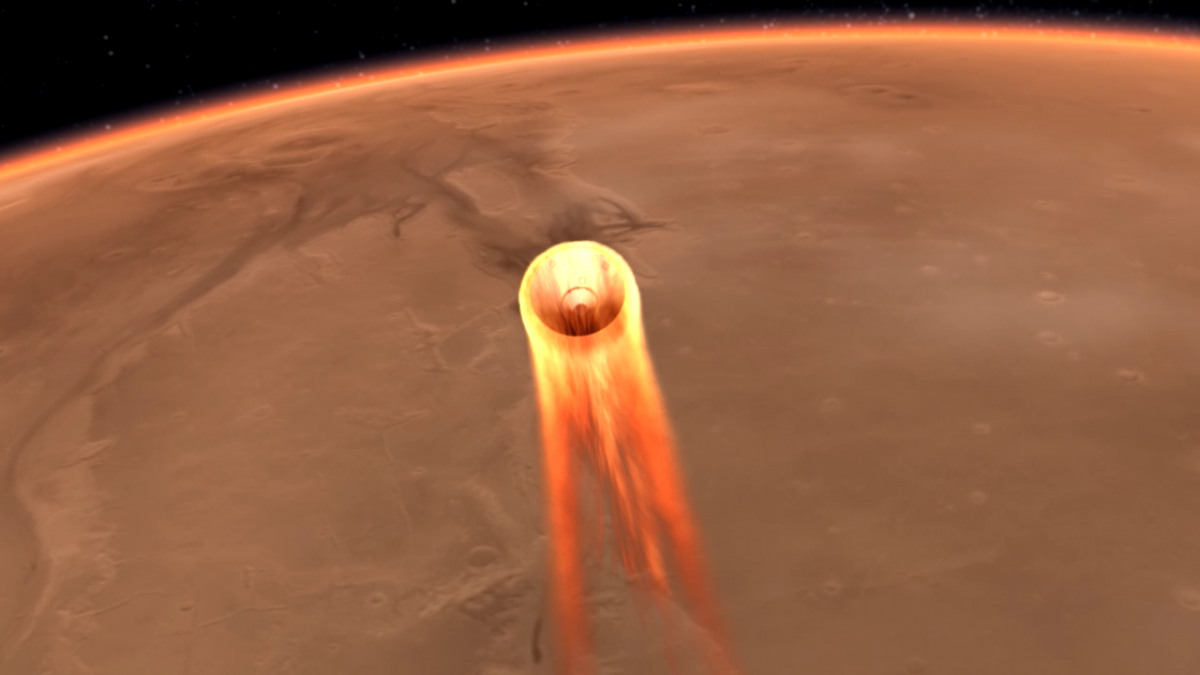 Representación artística de la entrada, descenso y aterrizaje de la NASA InSight en Marte, programada para el 26 de noviembre de 2018