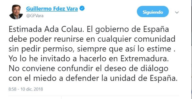 Tuit de Vara sobre Ada Colau