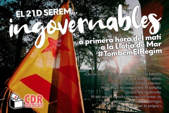 Imagen del tuit en el que los CDR convocan el 21-D a la 