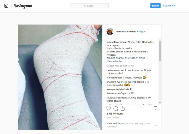 Instagram de la alcaldesa de Madrid, Manuela Carmena, tras caerse en su casa