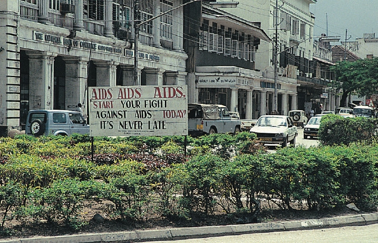 AIDS awareness sign in central Dar es Salaam, Tanzania