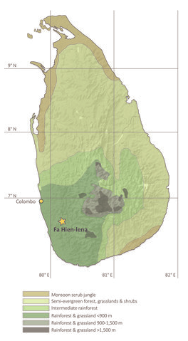 Mapa de Sri Lanka, que muestra la ubicaciu00f3n de Fa Hien Lena y las zonas de vegetaciu00f3n del pau00eds.