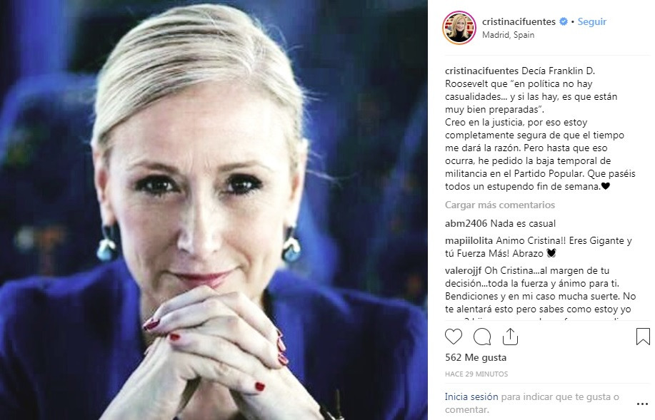 Cristina Cifuentes anuncia en su Instagram que pide la baja temporal del PP