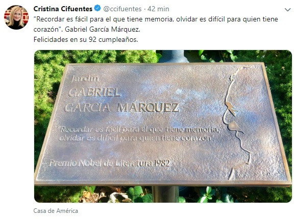 Cifuentes recuerda a García Márquez en su 92 cumpleaños: 