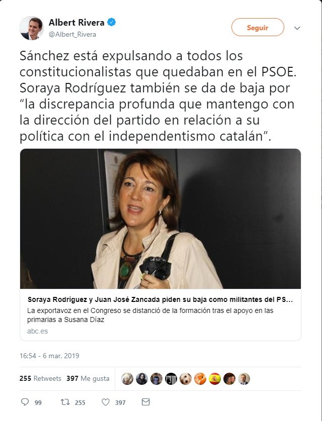 Rivera, sobre la baja de Soraya Rodríguez del PSOE, cree que Sánchez 