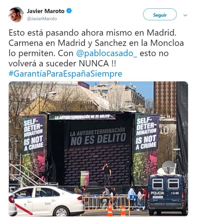Maroto culpa a Sánchez y Carmena de permitir la manifestación independentista: 