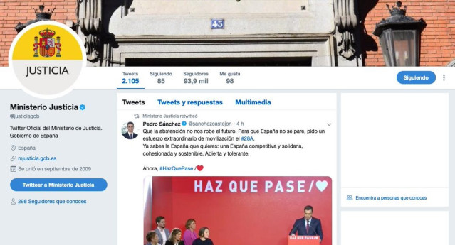 PP denuncia al Gobierno por utilizar el Twitter de Justicia para hacer campaña e