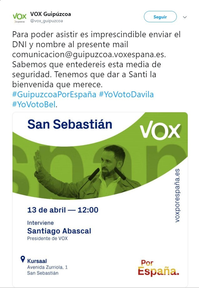 28A.- Vox Pide Conocer Previamente El Nombre Y DNI De Quienes Quieran Asistir A