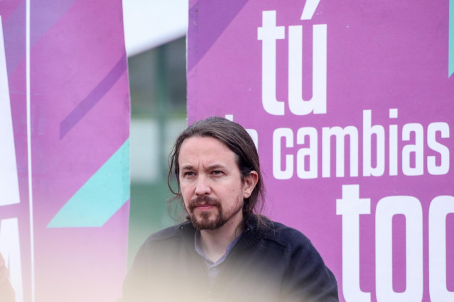 Pablo Iglesias interviene en un acto de Unidas Podemos junto a María Eugenia Rodríguez Palop en Alcorcón, Madrid