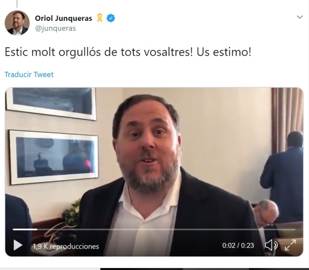 Junqueras graba un vídeo en el Congreso y lo difunde en redes sociales, pese a las restricciones del Supremo