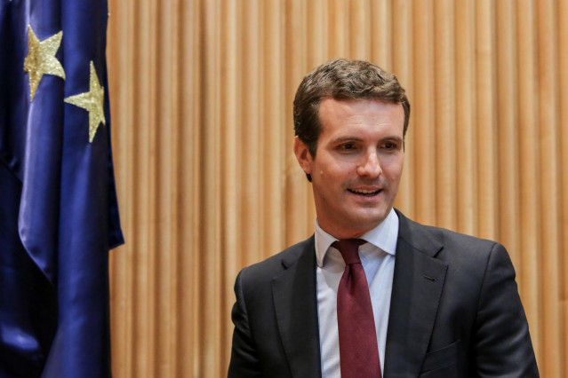 El presidente nacional del Partido Popular, Pablo Casado, preside la reunión de los grupos parlamentarios del Congreso y del Senado, en la Cámara baja