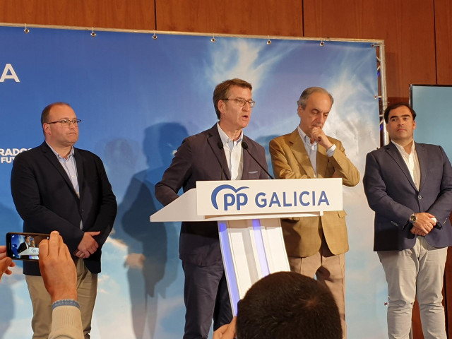 El presidente del PP de Galicia, Alberto Núñez Feijóo, el secretario general del PP de Galicia, Miguel Tellado, el diputado Alberto Pazos Couñago y el eurodiputado Francisco Millán Mon valoran los resultados de las elecciones del 26 de mayo