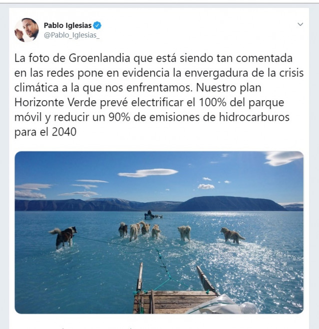 Iglesias avisa de la envergadura de la crisis climática con la fotografía del deshielo en Groenlandia