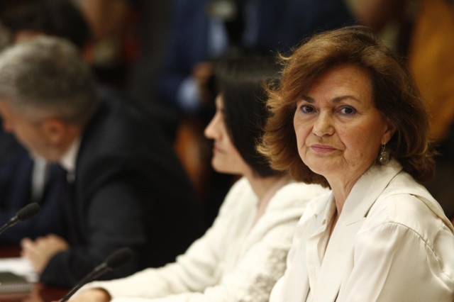 La vicepresidenta del Gobierno en funciones, Carmen Calvo, durante la reunión de instituciones del Observatorio contra la Violencia Doméstica y de Género en la sede del Consejo General del Poder Judicial (CGPJ)