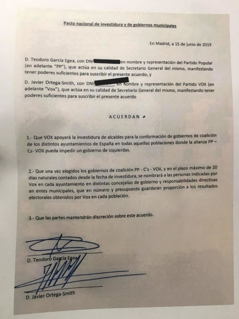 El pacto nacional firmado por Vox y PP el pasado 15 de junio