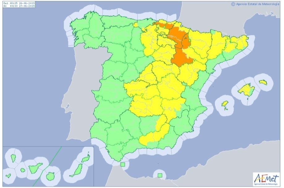 Mapa de Espau00f1a con 25 provincias en alerta por la ola de calor AEMET 26 06 2019