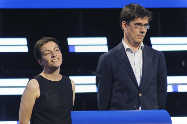 26 May 2019, Belgium, Brussels: Alliance '90/The Greens candidates for the presidency of the European Commission Ska Keller and her colleague Bas Eickhout attend a press conference during European Parliament evening after the results of the European elect