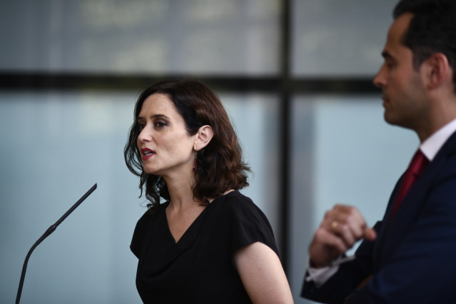 La candidata del PP a la presidencia de la Comunidad de Madrid, Isabel Díaz Ayuso, durante la rueda de prensa de ayer donde se anunció el pacto con Ciudadanos.