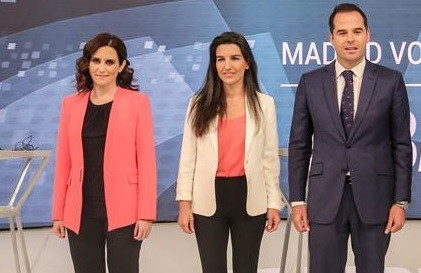 Los portavoces del PP, Vox y Cs en Madrid, Isabel Díaz Ayuso, Rocío Monasterio e Ignacio Aguado, en el debate de Telemadrid de la campaña electoral.