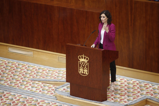 La candidata del PP a la presidencia de la Comunidad de Madrid, Isabel Díaz Ayuso, durante su intervención en el pleno de investidura del presidente de la Comunidad de Madrid.