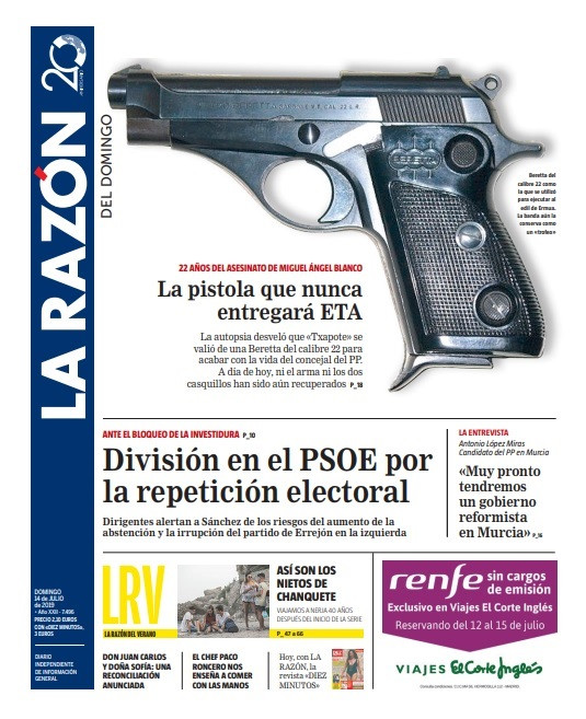 Portada del periódico La Razón, del domingo 14 de julio.