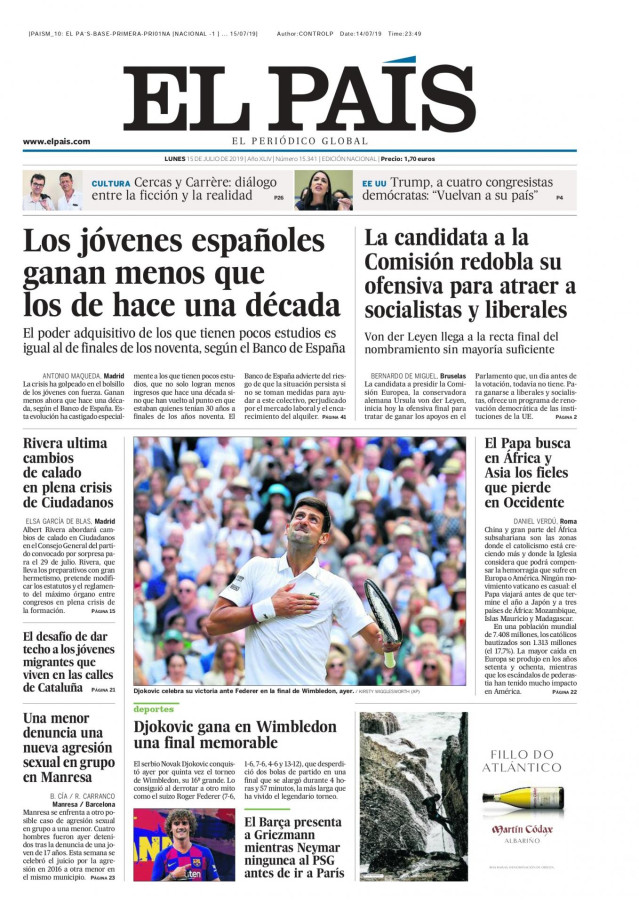 Portada El País lunes 15 de julio