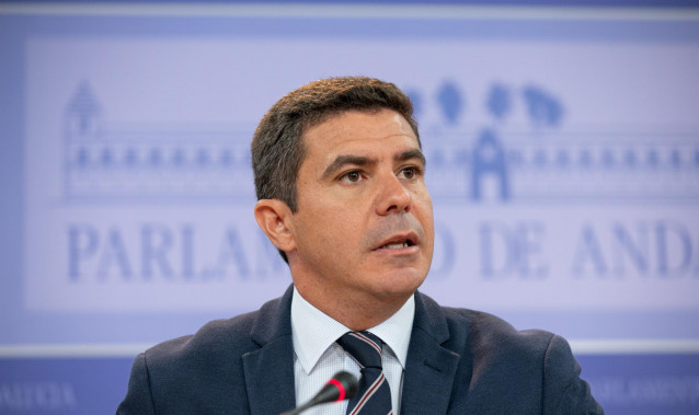 El portavoz parlamentario de Cs en Andalucía, Sergio Romero, en rueda de prensa en el Parlamento.