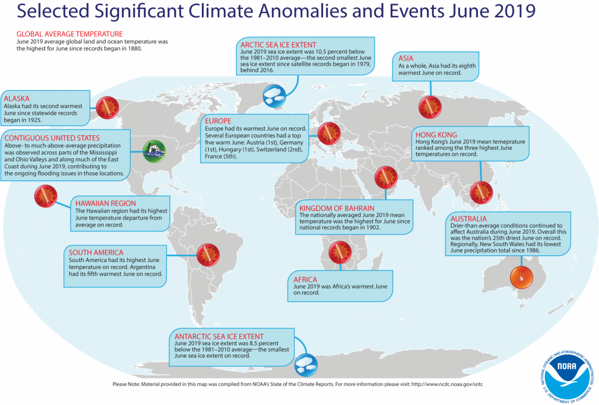 El mapa muestra los eventos climu00e1ticos notables que ocurrieron en todo el mundo en junio de 2019 NOAA