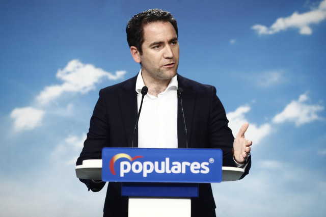 El secretario general del Partido Popular, Teodoro García Egea, en rueda de prensa en la sede nacional del partido tras la reunión del Comité de Dirección del PP.