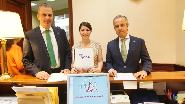 El secretario general de Vox, Javier Ortega Smith, la secretaria del grupo de Vox en el Congreso, Macarena Olona, y el diputado por Valladolid, Pablo Sáez