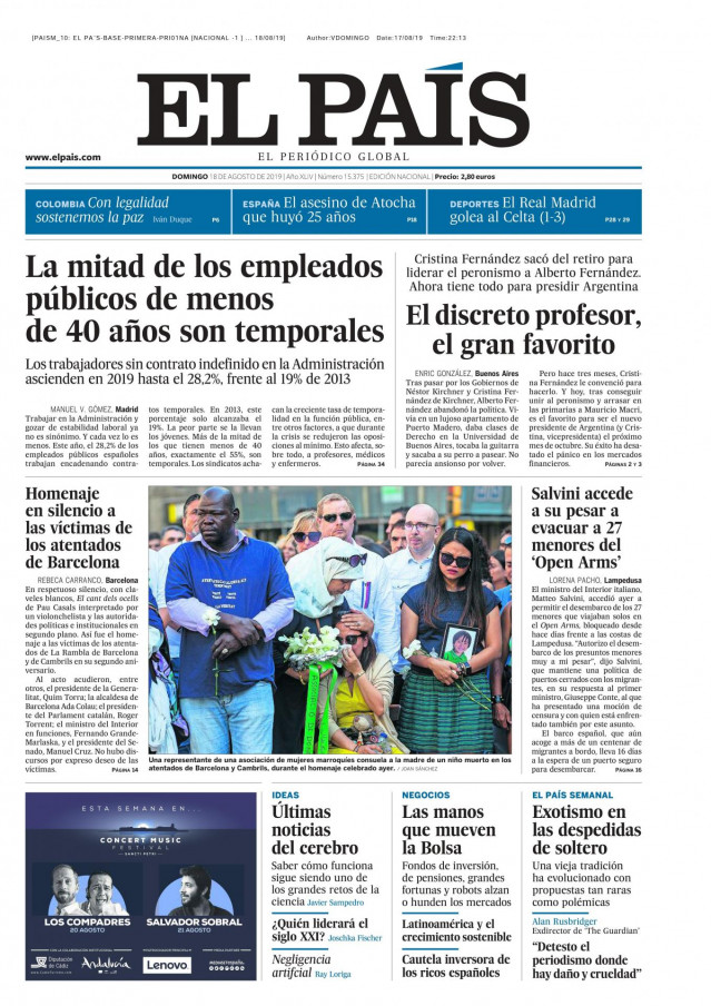 Portada de El País, 18 de agosto