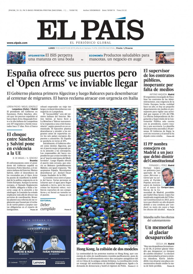 Portada de El País del lunes 18 de agosto