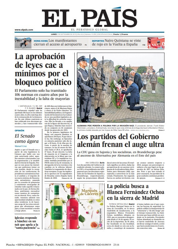 Portada del periódico de El País del lunes 2 de septiembre.